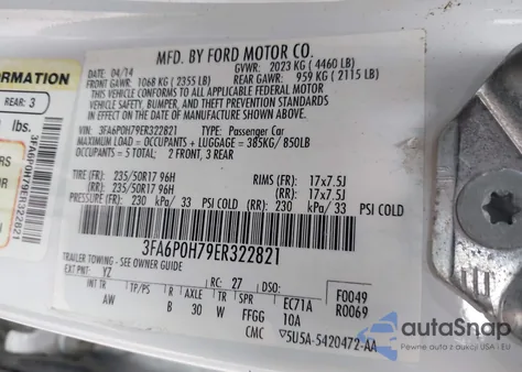 2014 Ford Fusion Se z USA, uszkodzony, nr VIN 3FA6P0H79ER322821